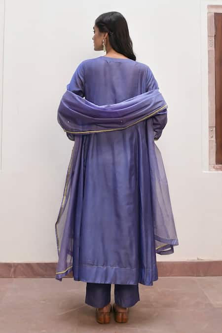 Shop Taro Blue Handloom Cotton, Chanderi Shehnaaz Silk Embroidered A-line Kurta Set at Aza Fashions Shop_Taro_Blue Handloom Cotton, Chanderi Shehnaaz Silk Embroidered A-line Kurta Set _at_Aza_Fashions