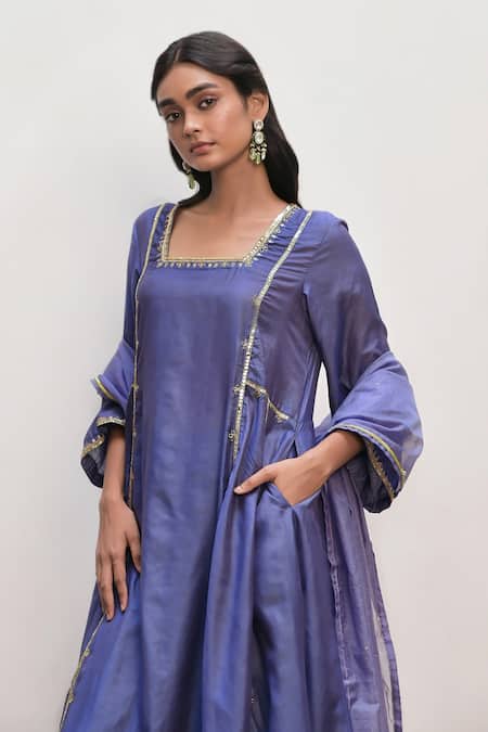 Taro Blue Handloom Cotton, Chanderi Shehnaaz Silk Embroidered A-line Kurta Set at Aza Fashions Taro_Blue Handloom Cotton, Chanderi Shehnaaz Silk Embroidered A-line Kurta Set _at_Aza_Fashions