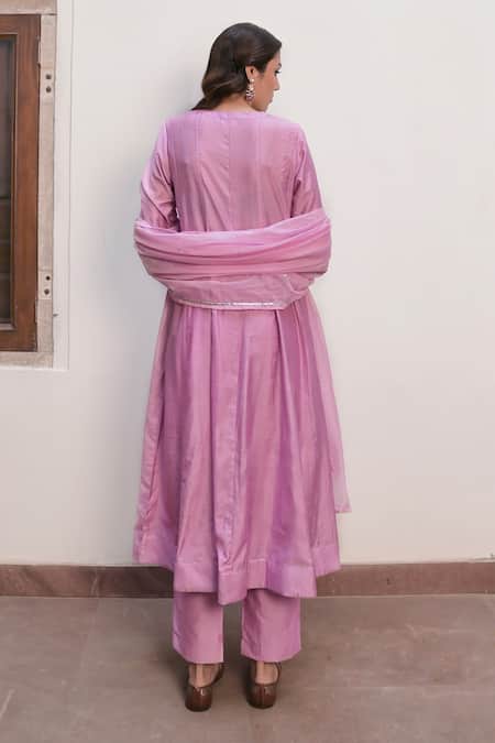 Shop Taro Purple Chanderi Silk Embroidery, Cut Work Round Neck Anarkali Set at Aza Fashions Shop_Taro_Purple Chanderi Silk Embroidery, Cut Work Round Neck Anarkali Set _at_Aza_Fashions