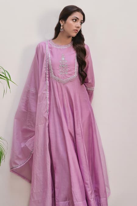 Buy Taro Purple Chanderi Silk Embroidery, Cut Work Round Neck Anarkali Set Online at Aza Fashions Buy_Taro_Purple Chanderi Silk Embroidery, Cut Work Round Neck Anarkali Set _Online_at_Aza_Fashions