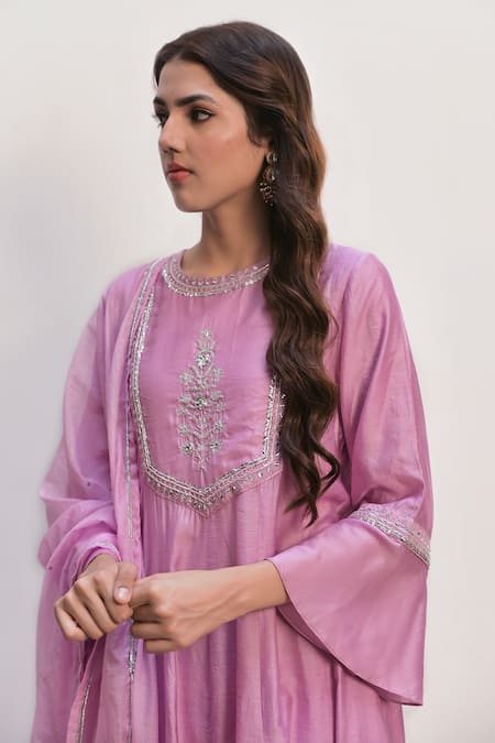 Taro Purple Chanderi Silk Embroidery, Cut Work Round Neck Anarkali Set at Aza Fashions Taro_Purple Chanderi Silk Embroidery, Cut Work Round Neck Anarkali Set _at_Aza_Fashions