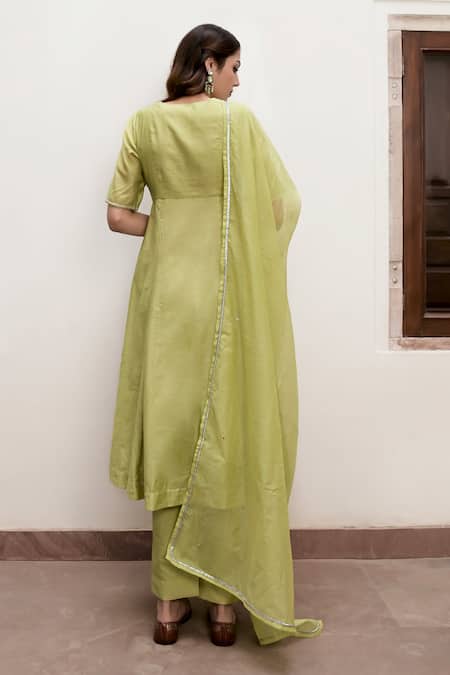 Shop Taro Green Chanderi, Silk Embroidery, Cut Work, Sequins, Noor A-line Anarkali Set at Aza Fashions Shop_Taro_Green Chanderi, Silk Embroidery, Cut Work, Sequins, Noor A-line Anarkali Set _at_Aza_Fashions