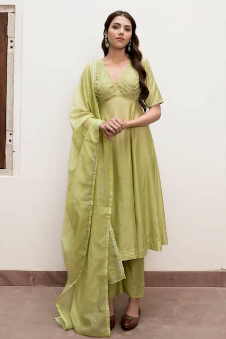 Taro Green Chanderi, Silk Embroidery, Cut Work, Sequins, Noor A-line Anarkali Set Online at Aza Fashions Taro_Green Chanderi, Silk Embroidery, Cut Work, Sequins, Noor A-line Anarkali Set _Online_at_Aza_Fashions