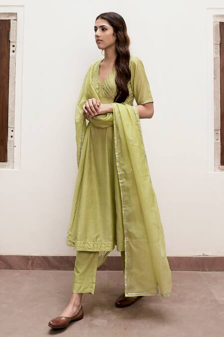 Shop Taro Green Chanderi, Silk Embroidery, Cut Work, Sequins, Noor A-line Anarkali Set Online at Aza Fashions Shop_Taro_Green Chanderi, Silk Embroidery, Cut Work, Sequins, Noor A-line Anarkali Set _Online_at_Aza_Fashions