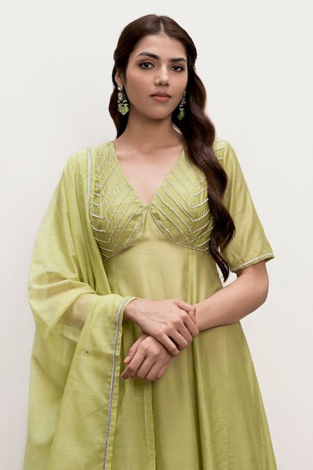 Taro Green Chanderi, Silk Embroidery, Cut Work, Sequins, Noor A-line Anarkali Set at Aza Fashions Taro_Green Chanderi, Silk Embroidery, Cut Work, Sequins, Noor A-line Anarkali Set _at_Aza_Fashions