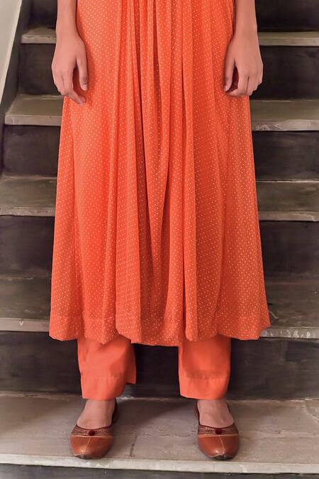 Taro Orange Chiffon, Chanderi Silk Lace, Ira Dew Drops Print Anarkali And Pant Set Online at Aza Fashions Taro_Orange Chiffon, Chanderi Silk Lace, Ira Dew Drops Print Anarkali And Pant Set _Online_at_Aza_Fashions