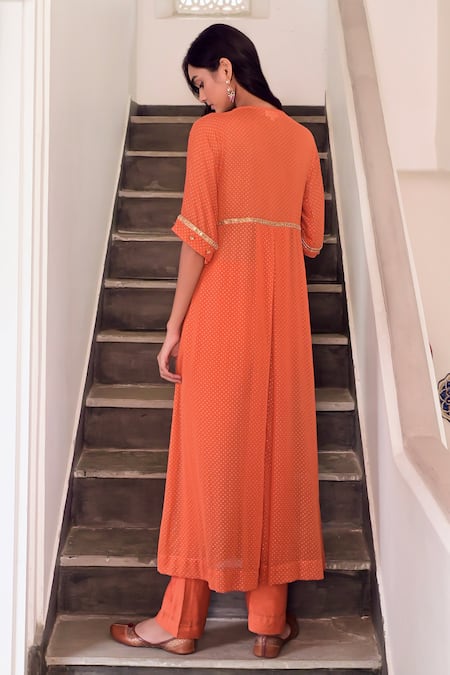 Shop Taro Orange Chiffon, Chanderi Silk Lace, Ira Dew Drops Print Anarkali And Pant Set at Aza Fashions Shop_Taro_Orange Chiffon, Chanderi Silk Lace, Ira Dew Drops Print Anarkali And Pant Set _at_Aza_Fashions