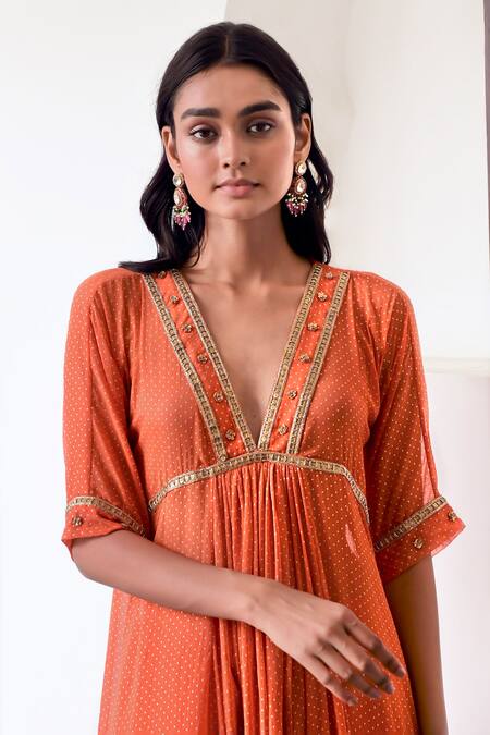 Taro Orange Chiffon, Chanderi Silk Lace, Ira Dew Drops Print Anarkali And Pant Set at Aza Fashions Taro_Orange Chiffon, Chanderi Silk Lace, Ira Dew Drops Print Anarkali And Pant Set _at_Aza_Fashions