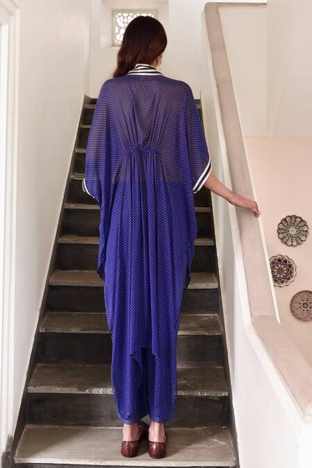 Shop_Taro_Blue Chiffon, Chanderi Silk Lace V-neck Zara Printed Kaftan And Pant Set _at_Aza_Fashions