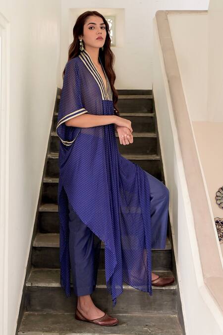Taro_Blue Chiffon, Chanderi Silk Lace V-neck Zara Printed Kaftan And Pant Set _Online_at_Aza_Fashions