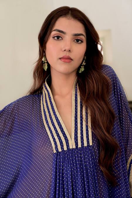 Shop_Taro_Blue Chiffon, Chanderi Silk Lace V-neck Zara Printed Kaftan And Pant Set _Online_at_Aza_Fashions