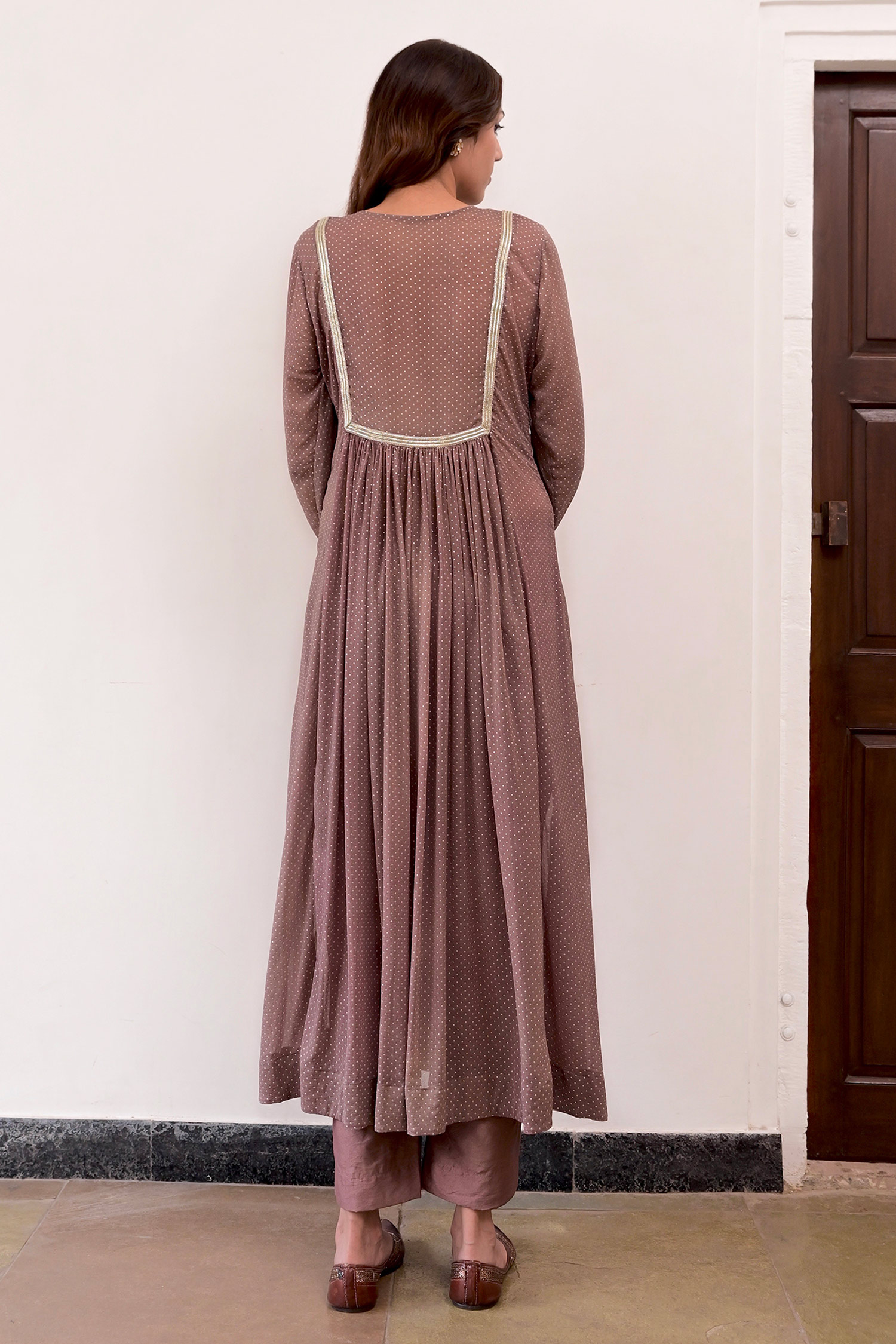 Shop_Taro_Brown Chiffon Printed Dew Drops Keyhole Anarkali And Pant Set _at_Aza_Fashions