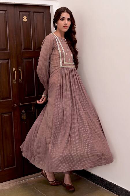 Taro_Brown Chiffon Printed Dew Drops Keyhole Anarkali And Pant Set _Online_at_Aza_Fashions