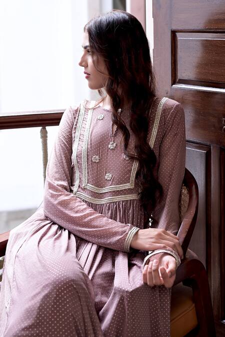 Buy_Taro_Brown Chiffon Printed Dew Drops Keyhole Anarkali And Pant Set _Online_at_Aza_Fashions