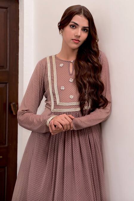 Shop_Taro_Brown Chiffon Printed Dew Drops Keyhole Anarkali And Pant Set _Online_at_Aza_Fashions