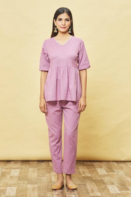 Khwaab By Sanjana Lakhani Purple Cotton Embroidery V-neck Top And Pant Set Online at Aza Fashions Khwaab By Sanjana Lakhani_Purple Cotton Embroidery V-neck Top And Pant Set_Online_at_Aza_Fashions