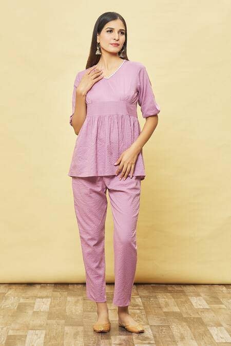 Khwaab By Sanjana Lakhani Purple Cotton Embroidery V-neck Top And Pant Set at Aza Fashions Khwaab By Sanjana Lakhani_Purple Cotton Embroidery V-neck Top And Pant Set_at_Aza_Fashions