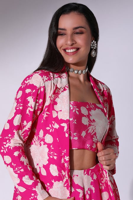 Shop_SAKSHI GIRRI_Pink Crepe Collared Floral Print Blazer Shorts Set_Online_at_Aza_Fashions