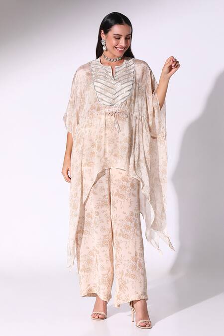 SAKSHI GIRRI Beige Chiffon, Crepe Embroidery Split V-neck Floral Print Kaftan Pant Set Online at Aza Fashions SAKSHI GIRRI_Beige Chiffon, Crepe Embroidery Split V-neck Floral Print Kaftan Pant Set_Online_at_Aza_Fashions