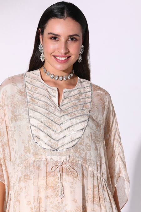 Shop SAKSHI GIRRI Beige Chiffon, Crepe Embroidery Split V-neck Floral Print Kaftan Pant Set Online at Aza Fashions Shop_SAKSHI GIRRI_Beige Chiffon, Crepe Embroidery Split V-neck Floral Print Kaftan Pant Set_Online_at_Aza_Fashions