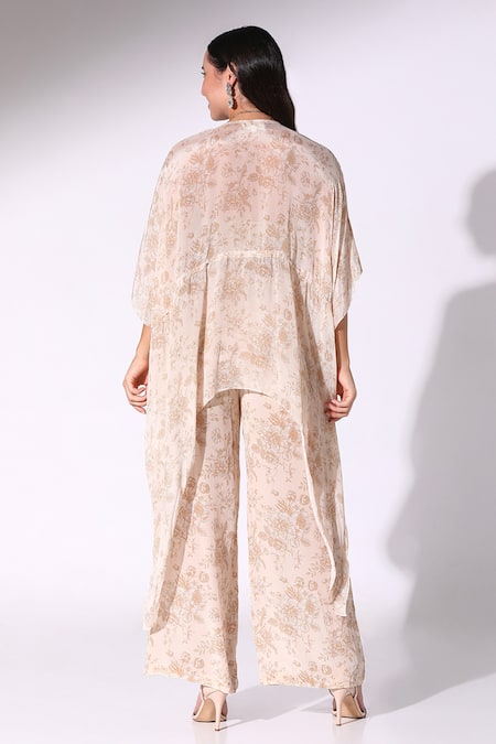 Shop SAKSHI GIRRI Beige Chiffon, Crepe Embroidery Split V-neck Floral Print Kaftan Pant Set at Aza Fashions Shop_SAKSHI GIRRI_Beige Chiffon, Crepe Embroidery Split V-neck Floral Print Kaftan Pant Set_at_Aza_Fashions