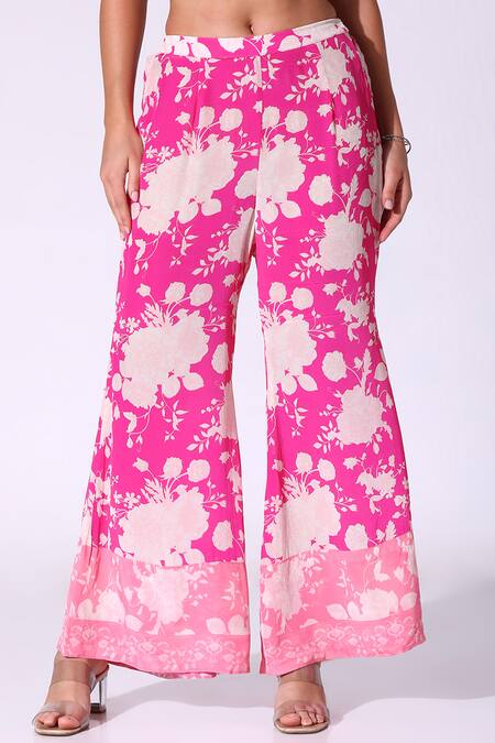 SAKSHI GIRRI Pink Crepe V-neck Floral Print Tunic Pant Set Online at Aza Fashions SAKSHI GIRRI_Pink Crepe V-neck Floral Print Tunic Pant Set_Online_at_Aza_Fashions