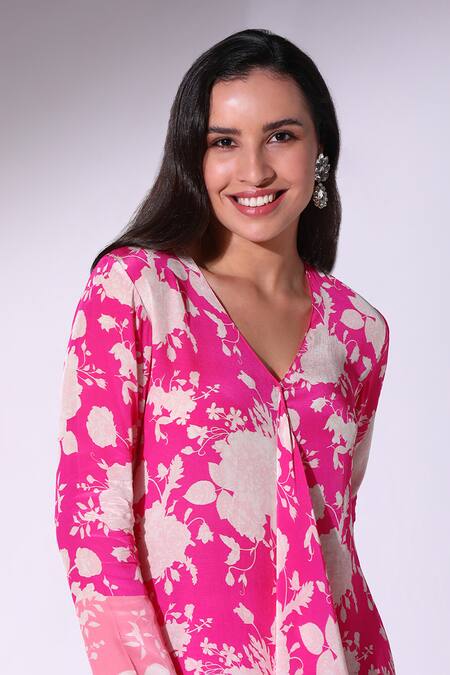Shop SAKSHI GIRRI Pink Crepe V-neck Floral Print Tunic Pant Set Online at Aza Fashions Shop_SAKSHI GIRRI_Pink Crepe V-neck Floral Print Tunic Pant Set_Online_at_Aza_Fashions