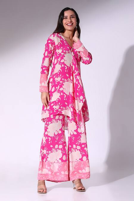 SAKSHI GIRRI Pink Crepe V-neck Floral Print Tunic Pant Set at Aza Fashions SAKSHI GIRRI_Pink Crepe V-neck Floral Print Tunic Pant Set_at_Aza_Fashions