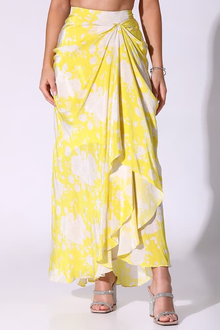SAKSHI GIRRI_Yellow Organza, Crepe Beads V-neck Printed Draped Skirt Cape Set_Online_at_Aza_Fashions