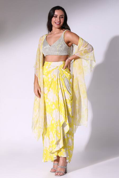 Buy_SAKSHI GIRRI_Yellow Organza, Crepe Beads V-neck Printed Draped Skirt Cape Set_Online_at_Aza_Fashions