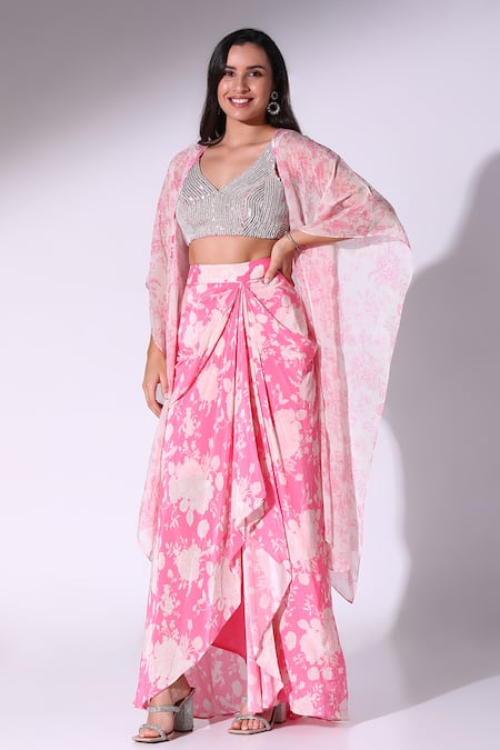 Sakshi Girri Pink Crepe Printed Floral Leaf Draped Skirt Cape Set
