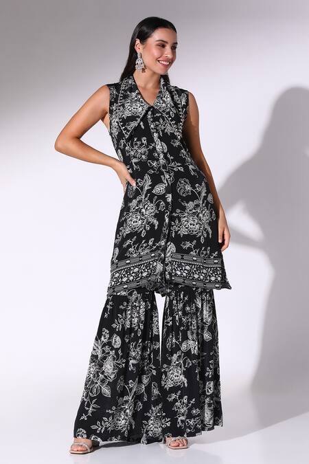 SAKSHI GIRRI_Black Crepe Stones V-neck Sleeveless Printed Tunic And Sharara Set_Online_at_Aza_Fashions