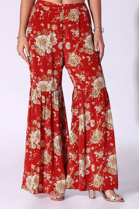 SAKSHI GIRRI_Red Crepe One Shoulder Rosalia Bloom Print Tunic With Sharara_Online_at_Aza_Fashions
