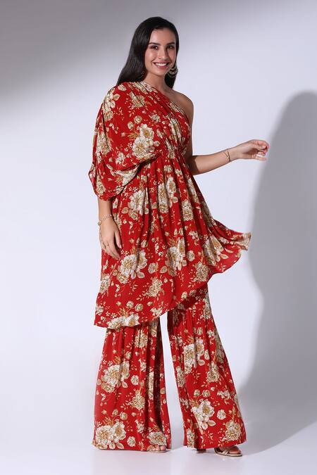 Buy_SAKSHI GIRRI_Red Crepe One Shoulder Rosalia Bloom Print Tunic With Sharara_Online_at_Aza_Fashions