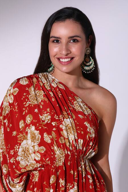 Shop_SAKSHI GIRRI_Red Crepe One Shoulder Rosalia Bloom Print Tunic With Sharara_Online_at_Aza_Fashions