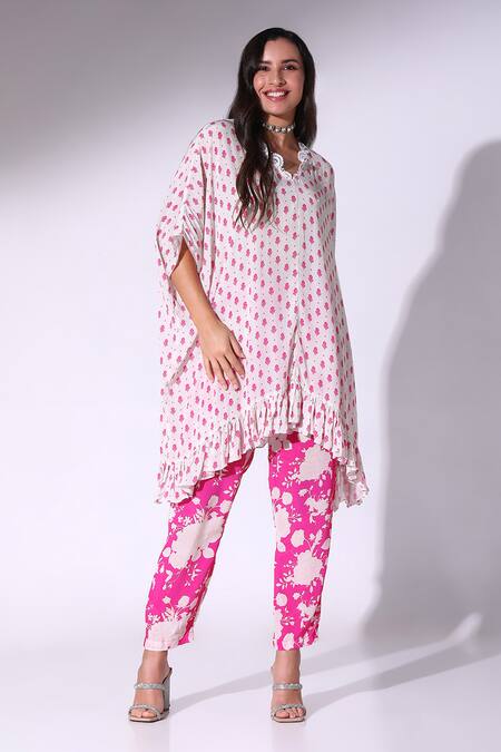 Shop_SAKSHI GIRRI_Pink Crepe Scoop Neck Tulip Bloom Print Kaftan And Pant Set_Online_at_Aza_Fashions