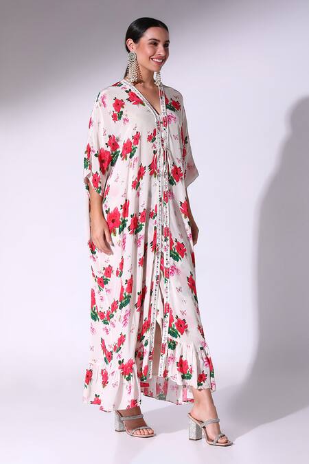 SAKSHI GIRRI_Red Crepe Embroidery V-neck Poppy Bloom Print Kaftan With Asymmetric Skirt_Online_at_Aza_Fashions