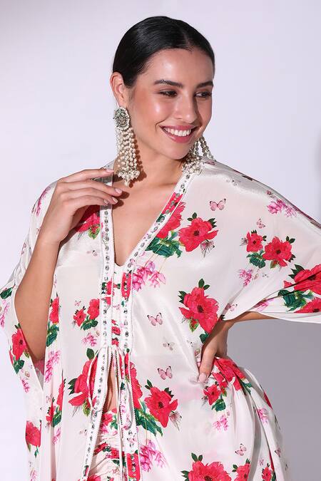 Buy_SAKSHI GIRRI_Red Crepe Embroidery V-neck Poppy Bloom Print Kaftan With Asymmetric Skirt_Online_at_Aza_Fashions