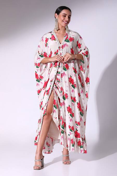 SAKSHI GIRRI_Red Crepe Embroidery V-neck Poppy Bloom Print Kaftan With Asymmetric Skirt_at_Aza_Fashions