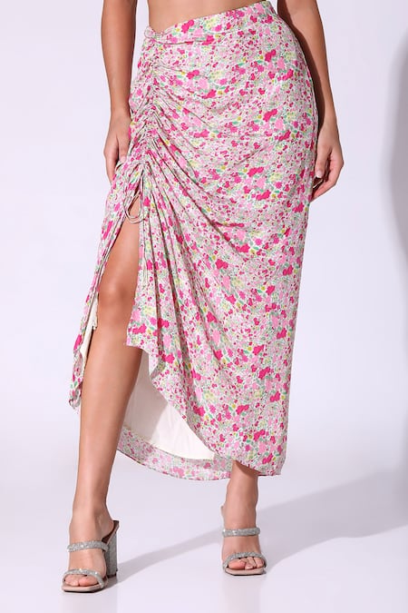 SAKSHI GIRRI_Pink Crepe Embroidery V-neck Ditzy Floral Print Kaftan With Asymmetric Skirt _Online_at_Aza_Fashions