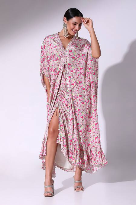 Buy_SAKSHI GIRRI_Pink Crepe Embroidery V-neck Ditzy Floral Print Kaftan With Asymmetric Skirt _Online_at_Aza_Fashions