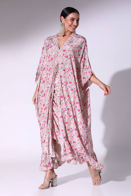 Shop_SAKSHI GIRRI_Pink Crepe Embroidery V-neck Ditzy Floral Print Kaftan With Asymmetric Skirt _Online_at_Aza_Fashions