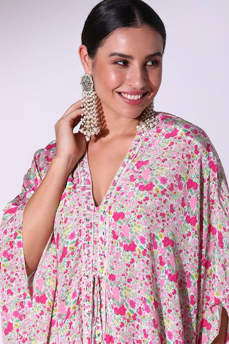 SAKSHI GIRRI_Pink Crepe Embroidery V-neck Ditzy Floral Print Kaftan With Asymmetric Skirt _at_Aza_Fashions