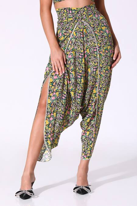 SAKSHI GIRRI_Black Crepe Round Neck Floral Print Kaftan Cape Dhoti Pant Set_Online_at_Aza_Fashions