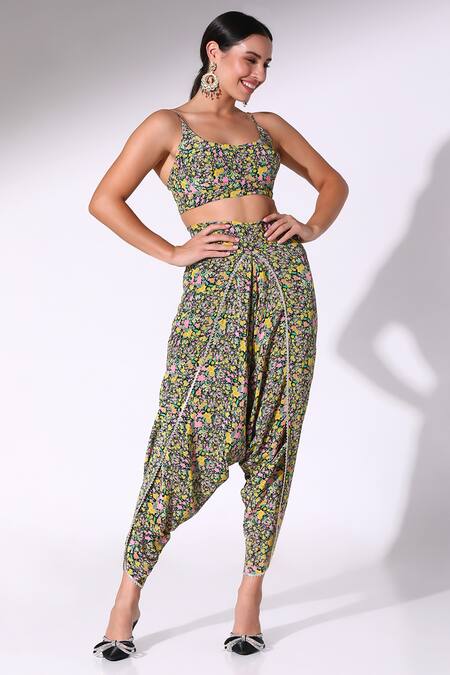 Buy_SAKSHI GIRRI_Black Crepe Round Neck Floral Print Kaftan Cape Dhoti Pant Set_Online_at_Aza_Fashions
