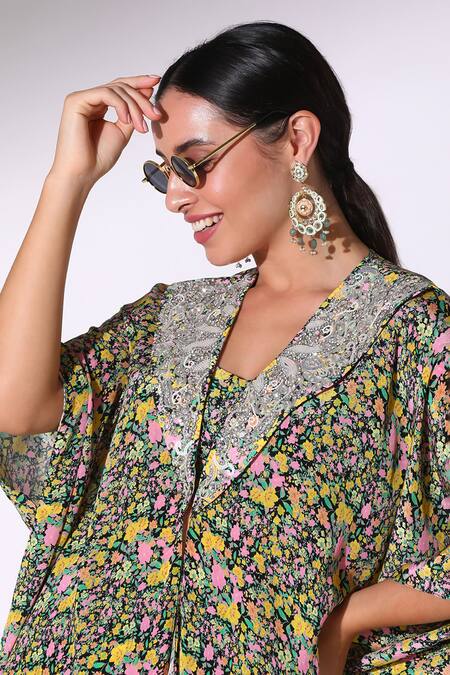 SAKSHI GIRRI_Black Crepe Round Neck Floral Print Kaftan Cape Dhoti Pant Set_at_Aza_Fashions
