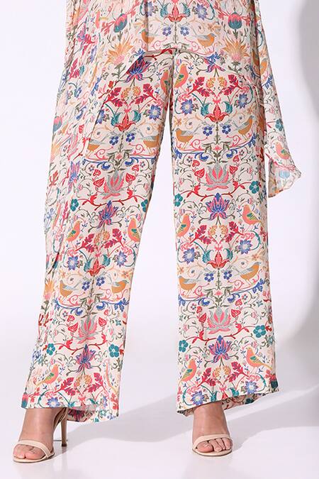 SAKSHI GIRRI Multi Color Chiffon, Crepe Pearls Botanical Print Asymmetric Kaftan With Pant Online at Aza Fashions SAKSHI GIRRI_Multi Color Chiffon, Crepe Pearls Botanical Print Asymmetric Kaftan With Pant_Online_at_Aza_Fashions