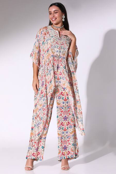 Buy SAKSHI GIRRI Multi Color Chiffon, Crepe Pearls Botanical Print Asymmetric Kaftan With Pant Online at Aza Fashions Buy_SAKSHI GIRRI_Multi Color Chiffon, Crepe Pearls Botanical Print Asymmetric Kaftan With Pant_Online_at_Aza_Fashions