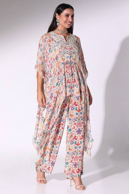 Shop SAKSHI GIRRI Multi Color Chiffon, Crepe Pearls Botanical Print Asymmetric Kaftan With Pant Online at Aza Fashions Shop_SAKSHI GIRRI_Multi Color Chiffon, Crepe Pearls Botanical Print Asymmetric Kaftan With Pant_Online_at_Aza_Fashions