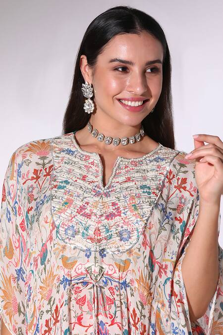 SAKSHI GIRRI Multi Color Chiffon, Crepe Pearls Botanical Print Asymmetric Kaftan With Pant at Aza Fashions SAKSHI GIRRI_Multi Color Chiffon, Crepe Pearls Botanical Print Asymmetric Kaftan With Pant_at_Aza_Fashions